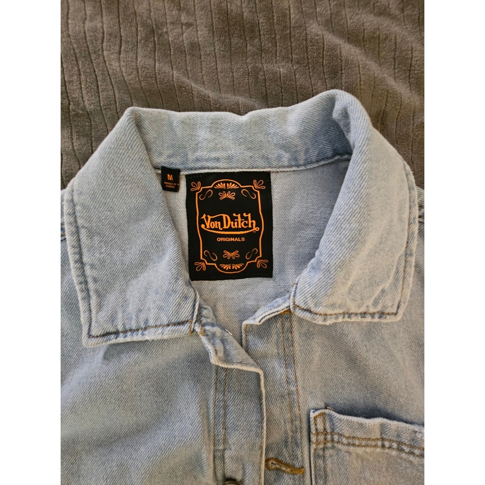 Von Dutch Originals Light Wash Denim Chore Jacket Multi Patch Back Y2K Medium